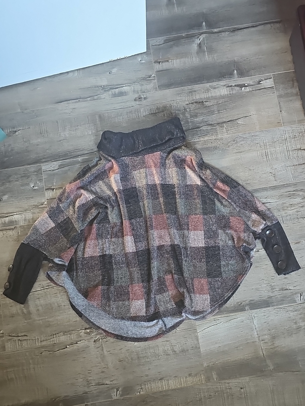 Eclipse Plaid Funnel Neck Poncho in Plaid, Gray, Black, Red Size M Made in USA
